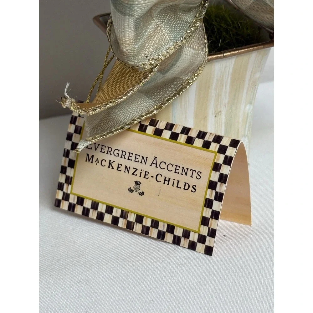 NEW Mackenzie Childs Evergreen  Accents Topiary Mocha Check/Stripe 9